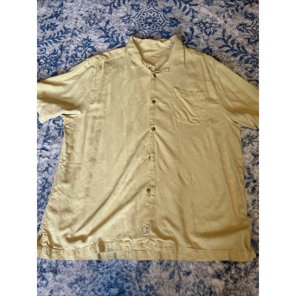 Tommy Bahama Silk Hawaiian Shirt Mens XXL Green Texture Knit Loop Collar Aloha